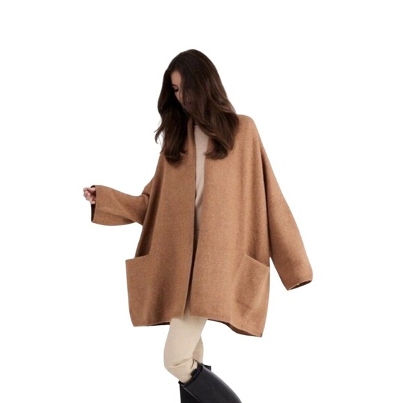 Beryll Oversized Open Front Knit Cashmere Cardigan Sweater Camel One SZ Pockets